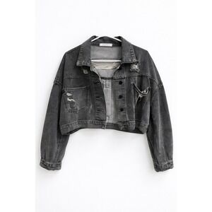 12th Tribe Black Cropped Denim Jacket Distressed Fringe Oversized S/M